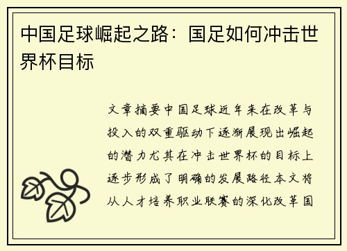 中国足球崛起之路：国足如何冲击世界杯目标